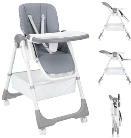 Kikka boo Spicy+ Chaise haute pour enfant pliable réglable en hauteur Repose-pieds Roues Panier Couleur : gris