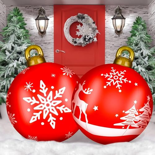 LATERN 2 Pezzi Giganti Palline di Natale Gonfiabili, 60CM PVC Palle Decorativa Gonfiabile Fiocco di Neve Alce Ornamenti Natalizia per Natale Interno Esterno Giardino Prato Cortile Portico Decorazione