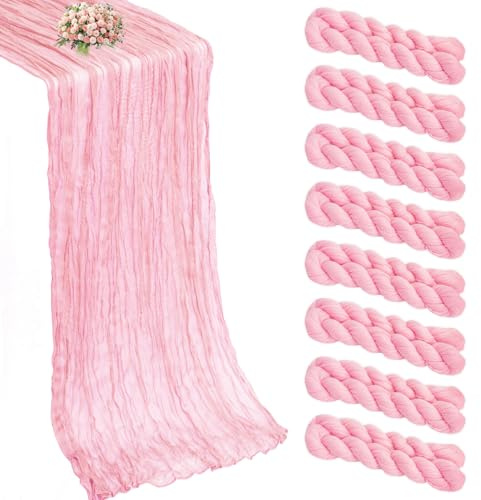 8 Pack Pink Cheesecloth Table Runner 21x120 Inch Boho Gauze Table Runners Rustic Light Pink Table Runner for Wedding Birthday Party Baby Shower Centerpiece Valentine's Day Home Decorations