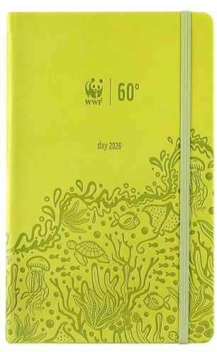 WWF, Large Agenda journalier 2026 12 mois, avec élastique et double signet, 352 pages, avec calendrier et planificateur 2026 cm, 13 x 21 h, vert