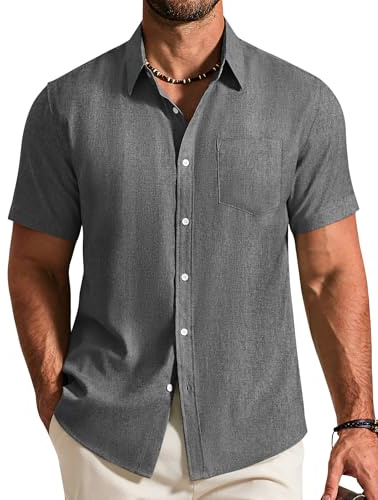 COOFANDY Camisa de Manga Corta para Hombre Camisa Informal Camisa Ligera de Verano Camisa de Corte Regular Camisa de Playa con Bolsillo