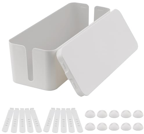 COEWUR Caja Organizadora de Cables Caja Cables para Ocultar y Organizar el Cableado con 10 Bandas Organizadoras 10 Clips de Escritorio,Blanco,Grande (40,5 x 15,3 x 13 cm)