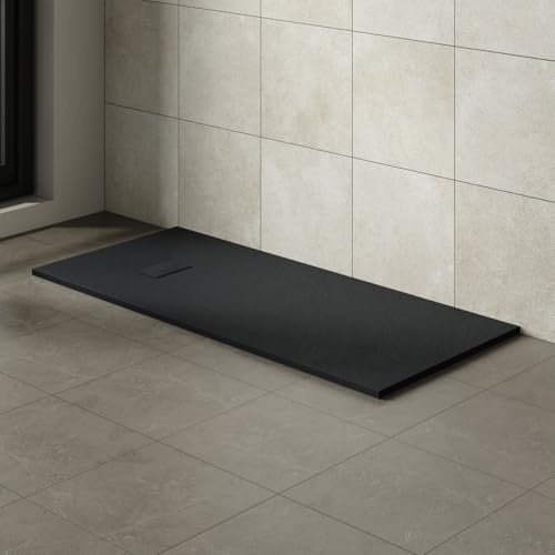 Aquariss Bathroom Rectangular 1800 x 800 mm Slate Effect Shower Tray Black | Slimline Anti Slip, SMC Wetroom Shower Cubicle Base, for Walk In Shower Door, Durable, Low Profile