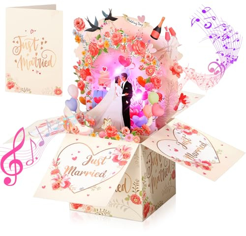 Wedding Card with Music and Light, Just Married 3D Pop Up Wedding Cards | 3D Pop Up Wedding Gift Card for Bride and Groom Daughter, Best Friend, Cash Card for Weddings Engagement