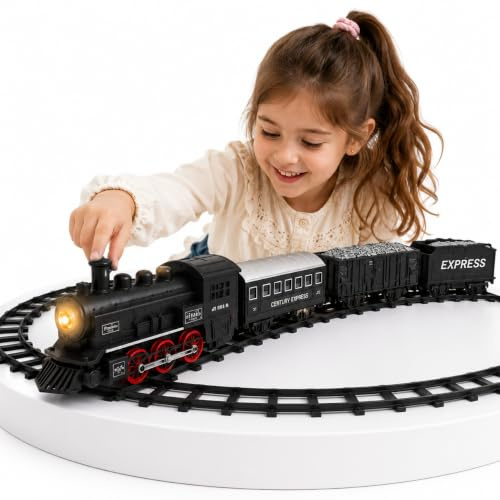 Toyana Electric Train Set for Kids - 19 PCs Classic Railway Toy with Battery Operated Locomotive, Carriages, Tracks & Realistic Lights & Sounds, Railway Model Gift Set for Children 3+ Years