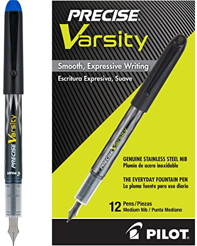 PILOT Precise Varsity Pre-Filled Fountain Pens, Medium Point Stainless Steel Nib, Blue Ink, 12-Pack (90011)