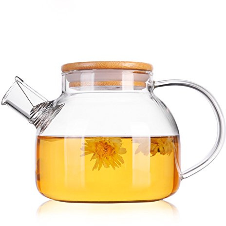 TAMUME 1000ML Vetro Teiera con Bambù Berretto Coperchio e Filtro in Acciaio Inox Coil Vetro Brocca Ideale per Tè Della Frutta Contenitore e Blooming Teiera Vetro