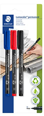 Staedtler Lumocolor Permanent 317 BK3D - Blister con 3 Rotuladores permanentes punta M de 1 mm aprox. colores negro, azul y rojo