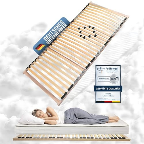 Coemo Stabiler 7-Zonen Lattenrost Basic | Lattenrahmen starr 140 x 200 cm | 28 Leisten | Duo-Kappen | Härtegrad-Regulierung 4-Fach einstellbar | Bettrahmen Buche Rahmen | Made in Europe
