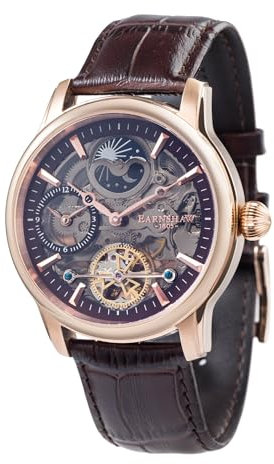 Thomas Earnhshaw ES-8063-06 Men Longitude Shadow Automatic Watch with Brown Dial Skeleton Display and Brown Leather Strap