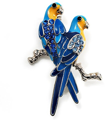 Broche perroquet en émail bleu (métal argenté), taille unique, émail, diamante
