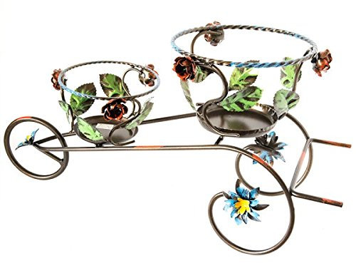 Portavaso carriola in ferro battuto con rose e foglie a due posti giardino