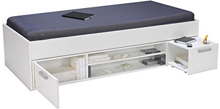 Lit TESS 90x190 + chevet + étagère + rangement / Blanc