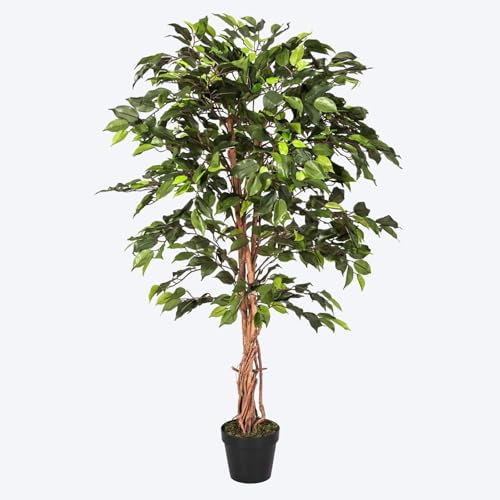 HOMESCAPES Künstlicher Ficus benjamini, 120 cm große grüne Birkenfeige im Topf, realistische Blätter und Echtholz-Stamm – Kunstpflanzen wie echt