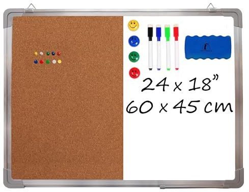 Combination Whiteboard Bulletin Board Set - 24 x 18 in Dry Erase/Cork Board with 1 Magnetic Dry Eraser, 4 Markers, 4 Magnets and 10 Thumb Tacks - Combo Tack Board White Board for Home Office Desk