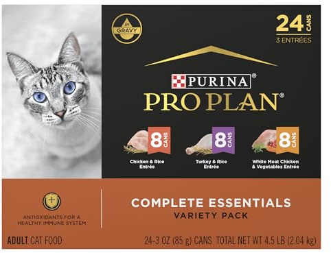 Purina Pro Plan Gravy, High Protein Wet Cat Food Variety Pack, Complete Essentials Chicken and Turkey Favorites - (Pack of 24) 3 oz. Cans
