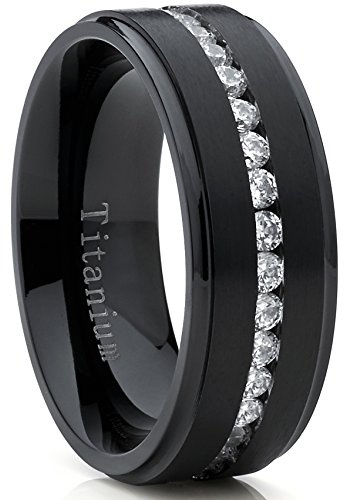 Black Titanium Men's Eternity Wedding Band Ring with Cubic Zirconia CZ, Comfort Fit 8mm SZ 10