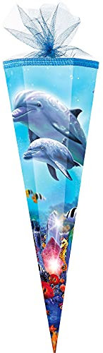 Schultüte - Delfin Familie/Fische - 35 cm - rund - mit Tüllabschluß - Zuckertüte - mit/ohne Kunststoff Spitze - für Mädchen & Jungen - Delfine - Delfi..