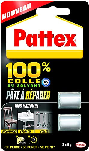 Pattex 100% Pâte à réparer multi-usages, Pâte epoxy bi-composante pour collages sur de multiples matériaux, permet de reconstituer de la matière, pâte peignable & ponçable, 2 x 5 g