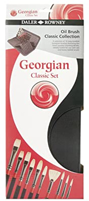 Daler-Rowney Georgian Oil Long Handled Brush Zip Case Classic Set, Natural Hog Bristle, 10 Assorted Brushes, Ideal for Professional Artists & Students, Black Handle