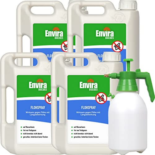 Envira Floh Abwehrspray 4 x 2 Liter + 2L Drucksprüher - Spray mit Langzeitwirkung gegen Flöhe, Katzenfloh, Hundefloh - Mittel gegen Flöhe für Wohnung & Möbel - Effektives Flohmittel & Flohschutz