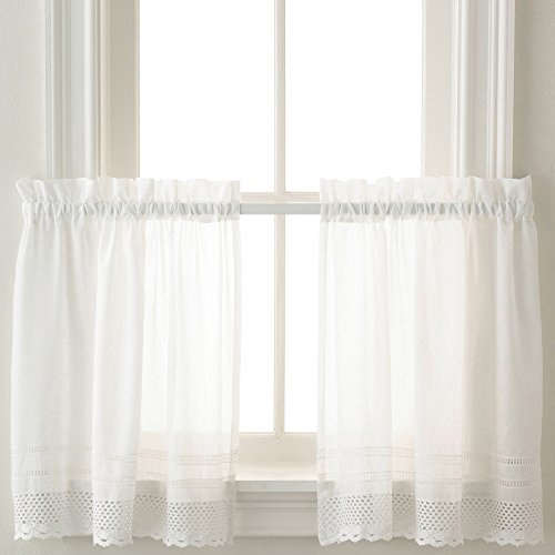 Peri Home White Crochet Cafe Kitchen Curtain Window Tier Pair, Rod Pocket, 29W x 24L inch, Set of 2