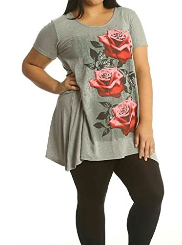 New Womens Plus Size Uneven Hanky Hem Short Sleeve T-Shirt Top Ladies Floral Rose Print Jersey Tunic Light Grey Size 28-30