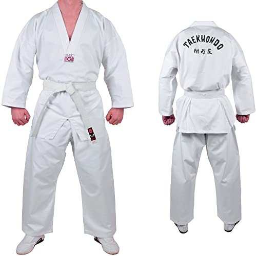 MAR | Taekwondo White Uniform Suit White Colour V-Neck, Sparring Gear Unisex Kids & Adult Martial Arts Taekwondo Gi Student Suit Taekwondo Polycotton Medium Weight 8oz Fabric + FREE BELT (000/110)