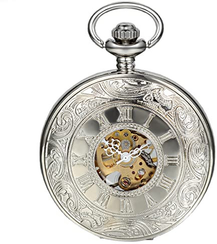 JewelryWe Klassiker Retro Taschenuhr römische Ziffern Herren Handaufzug mechanische Kettenuhr Skelett Uhr mit Halskette Kette Umhängeuhr Silber