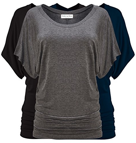 Free to Live 3 Pack Dolman Short Sleeve Business Casual Tops for Women Shirts Fall Dressy Tunic (Medium, Black, Charcoal, Navy)