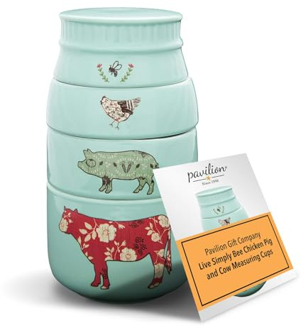 Pavilion Gift Company - 'Live Simply Bee, Chicken, Pig, and Cow' - 4-Piece Stoneware Measuring Cups Set, Sturdy Farmhouse-Style Kitchenware for Home Baking, Cooking, Gifting - Teal, 8 Ounces