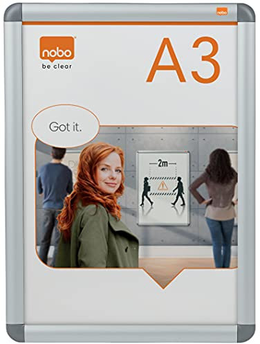 Nobo A3 Poster Frame Sign Holder With Snap Frame, Wall Mounted, Aluminium Trim, Anti-Glare Protective Cover, Premium Plus, Silver, 1902213