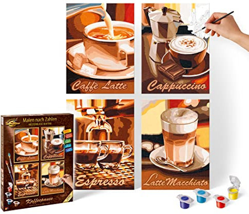 Schipper 609340553 Malen nach Zahlen, Kaffeepause - Bilder malen für Erwachsene, inklusive Pinsel und Acrylfarben, Quattro je 18 x 24 cm