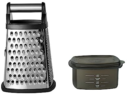 KitchenAid Gourmet 4-Sided Stainless Steel Box Grater for Fine, Medium and Coarse Grate, and Slicing, Detachable 3 Cup Storage Container and Measurment Markings, Dishwasher Safe, 10 inches tall, Black