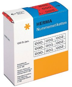HERMA 4802 nummeretiketter siffror 0-999, tredubbla (22 x 10 mm, papper, matt) självhäftande, permanenta häftand, löpande nummer klistermärken i en kartongdispenser, 3 000 etiketter, röd