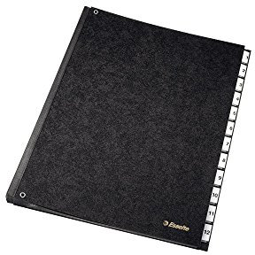 Esselte 1114219 PultOrdner (A4, 12 Fächer, 12 Plastik-Zahlen-Taben mit Einsteckschildern, Sichtlöcher, schwarze Hartpappe) schwarz
