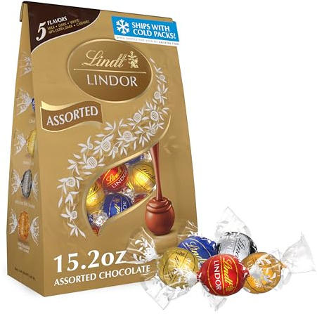Lindt LINDOR Assorted Chocolate Candy Truffles, Chocolate with Smooth, Melting Truffle Center, 15.2 oz. Bag