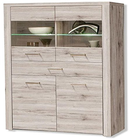 FORTE Portland Vitrine mit 2 Türen, 2 Glastüren uns 1 Schublade, Holzwerkstoff, Sandeiche, 126,9 x 143,9 x 41,3 cm