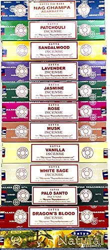 Satya Räucherstäbchen, 12 verschiedene Aromen, je 15 g