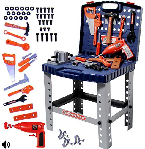 deAO Werkstatt und Werkzeug Carrycase Spielset Mechaniker Werkbank mit Klapp-Design beinhaltet mehrere Zubehör und Bohrmaschine