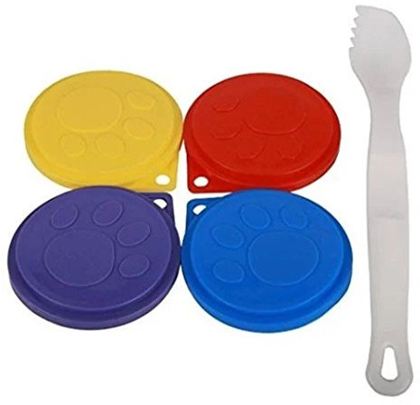 Pet Touch 4 x PET FOOD CAN COVERS CAT DOG REUSABLE PLASTIC LID COVER WITH FREE SPOON/FORK