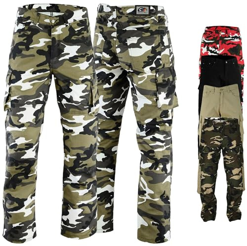 German Wear Motorradhose Herrren - Motorradjeans mit 2 CE-Protektoren - Bikerjeans Futter aus Aramid-Kevlar-Stoff verstärkt - Cargohose rutsch- & brandfeste Jeanshose mit 6 Taschen Camo - 36W / 32L