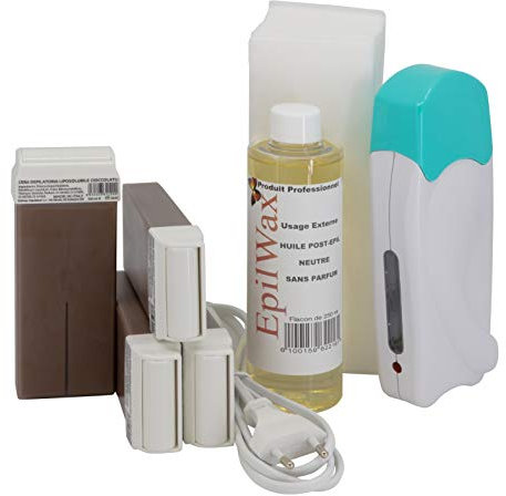 EpilWax Wachswärmer Waxing Set für Enthaarung Haarentfernung - Mit Roll On Wachspatronen, Waxing Gerät, 100 Vliesstreifen und Nachbehandlungsöl (Schokolade, 4 roll-on)