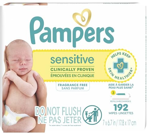 Pampers Baby Wipes Sensitive, Water Based Wipes, Hypoallergenic and Unscented Wipes, 192 Wipes Total (3 Refill Packs)