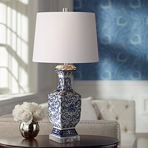 Barnes and Ivy Iris Vintage Asian Chinese Style Table Lamp 28 Tall Porcelain Blue Floral Jar Geneva White Drum Shade Cottage Core Decor for Living Room Bedroom House Bedside Nightstand Home Office