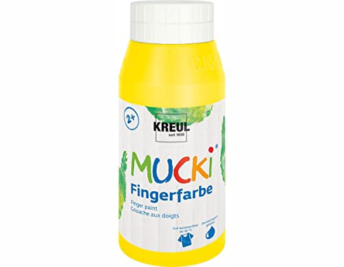 KREUL 23202 - Mucki leuchtkräftige Fingerfarbe, 750 ml in gelb, auf Wasserbasis, parabenfrei, glutenfrei, laktosefrei und vegan, auswaschbar, vermalbar mit Pinsel, Schwamm, Spachtel und Fingern