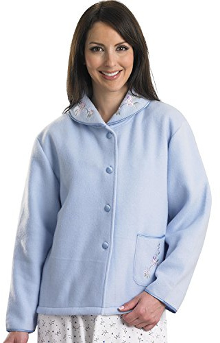 Slenderella Veste de lit boutonnée en polaire douce pour femme Motif floral brodé, bleu, 44-46