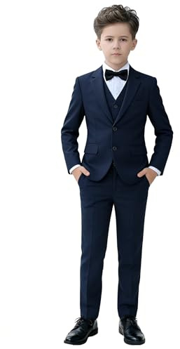 YuanLu Baby Boys Navy Blue Ring Bearer Outfit Kids Wedding Guest Tuxedo Formal Suits Slim Fit 3T Suit for Toddler Boys