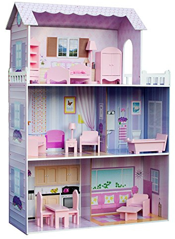 Olivias Kleiner Weltriesenpuppenhaus, großes Holzpuppenhaus mit Möbeln und Accessoires, 3 -stöckiges Puppenhaus für Kinder, Puppenhaus für 12 Puppen, 3 Jahre +