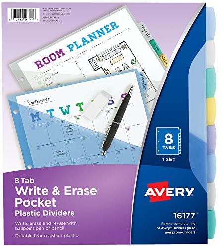 Avery Write & Erase Pocket Plastic Dividers for 3 Ring Binders, 8-Tab Sets, Multicolor, Tabs Viewable Beyond Sheet Protectors, 1 Set (16177)
